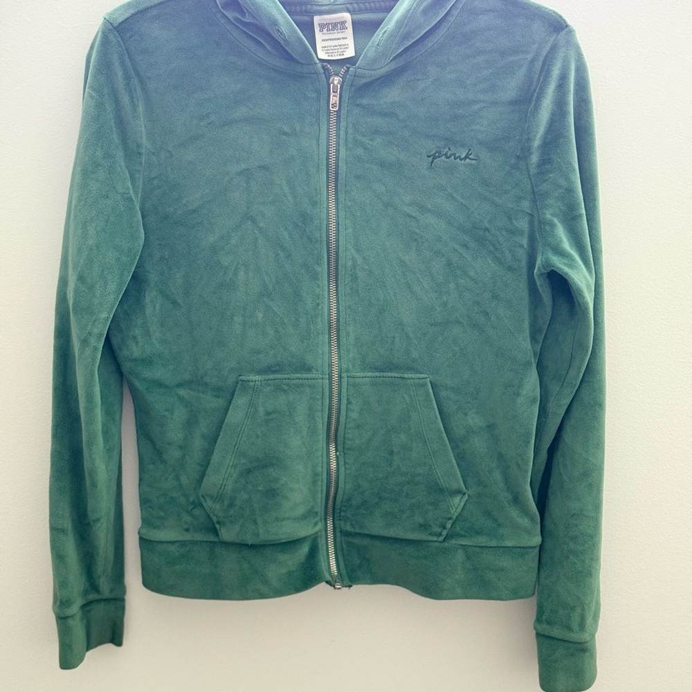 Y2K Vtg PINK by Victoria Secret Forest Green Velvet Zip-Up Hoodie Sz.XS